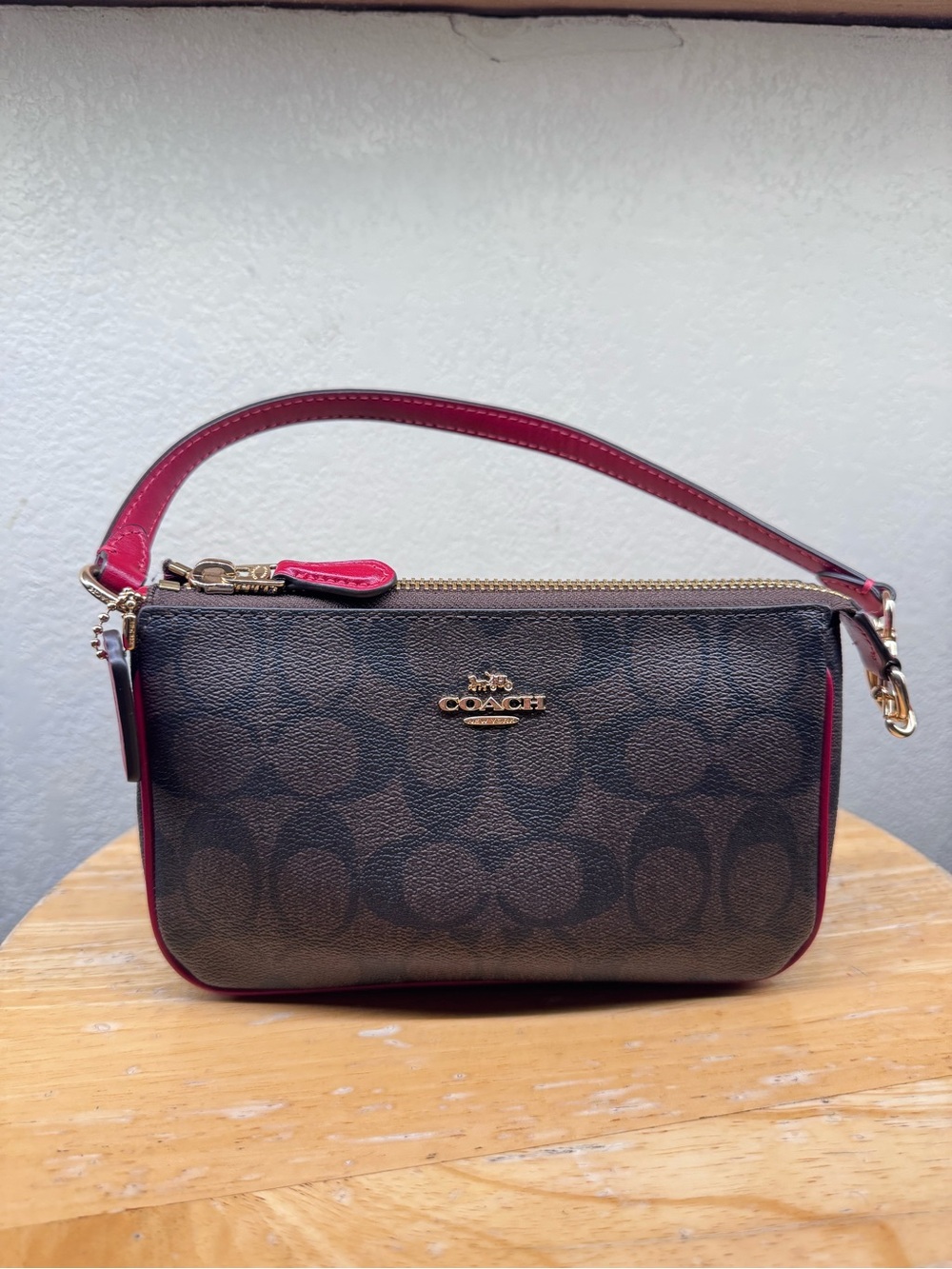 Coach Nolita 19 Brown Signature Wristlet with Red Trim and Gold Hardware